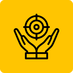 Hands holding target icon on yellow background.