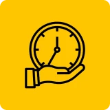 Hand holding clock icon on yellow background.