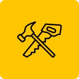 Hammer and saw icon on yellow background.