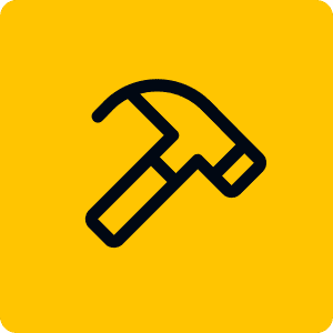 Hammer icon on yellow background.