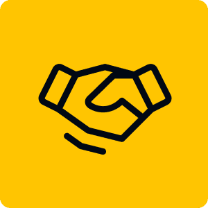 Handshake icon on yellow background.